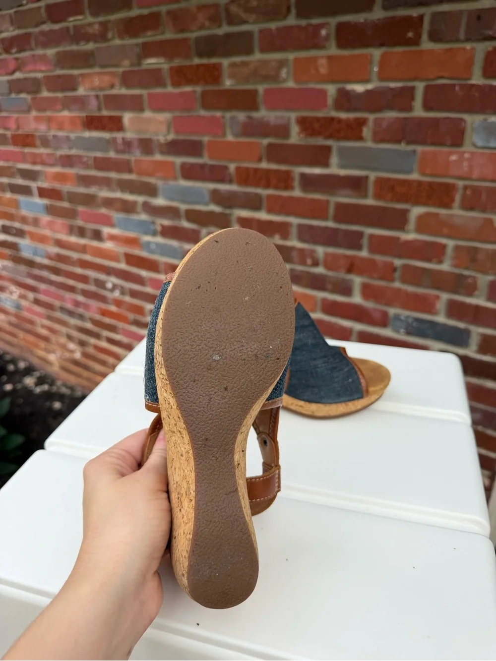 Clarks Denim and Brown Leather Open-Toe Wedge Sandals